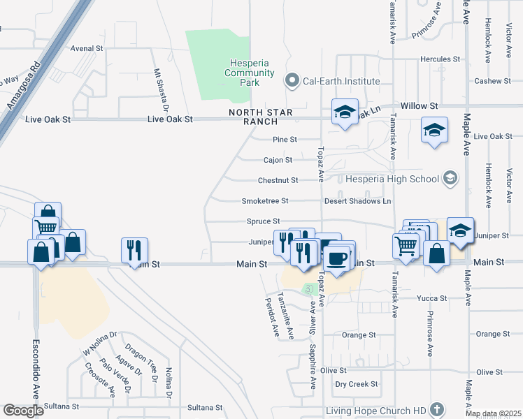 map of restaurants, bars, coffee shops, grocery stores, and more near 13925 Smoketree Street in Hesperia