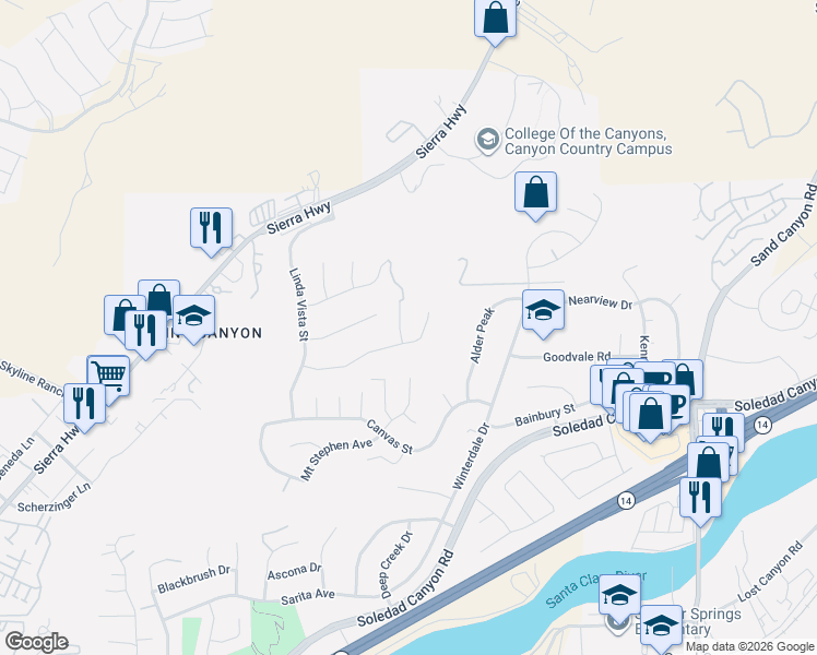 map of restaurants, bars, coffee shops, grocery stores, and more near 28515 Meadow Heights Court in Santa Clarita