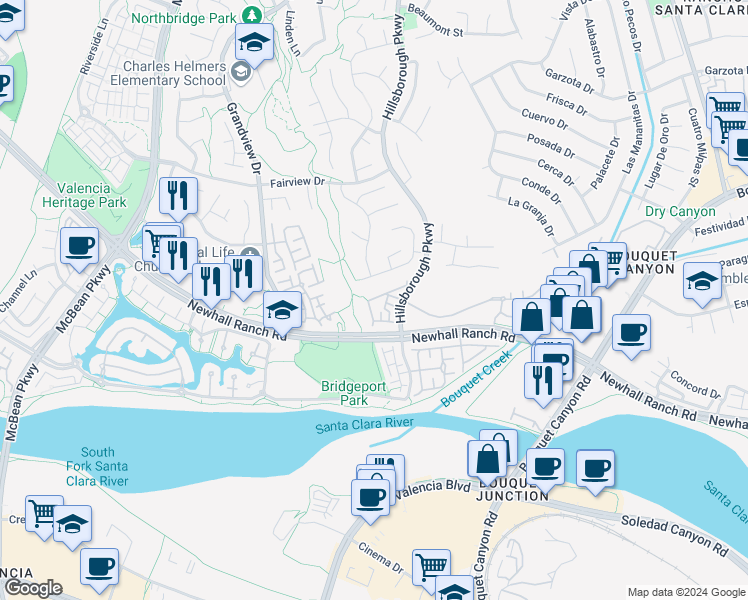 map of restaurants, bars, coffee shops, grocery stores, and more near 26959 Hillsborough Parkway in Santa Clarita