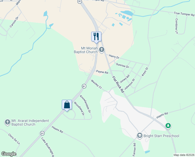 map of restaurants, bars, coffee shops, grocery stores, and more near 5201 South Carolina 81 in Starr