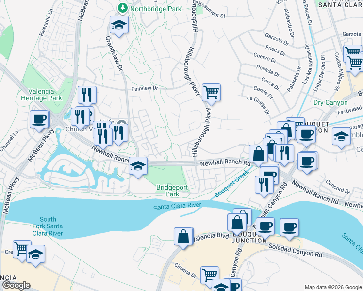 map of restaurants, bars, coffee shops, grocery stores, and more near 26957 Hillsborough Parkway in Santa Clarita