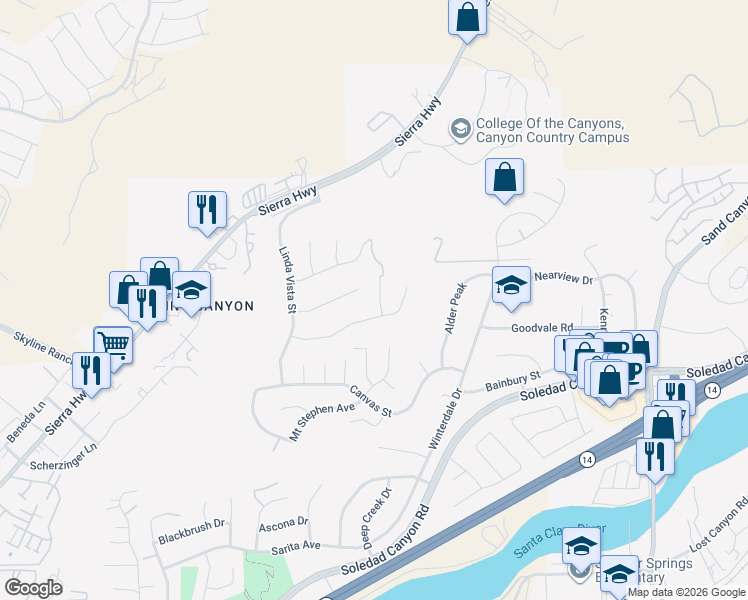 map of restaurants, bars, coffee shops, grocery stores, and more near 28515 Meadow Heights Court in Santa Clarita