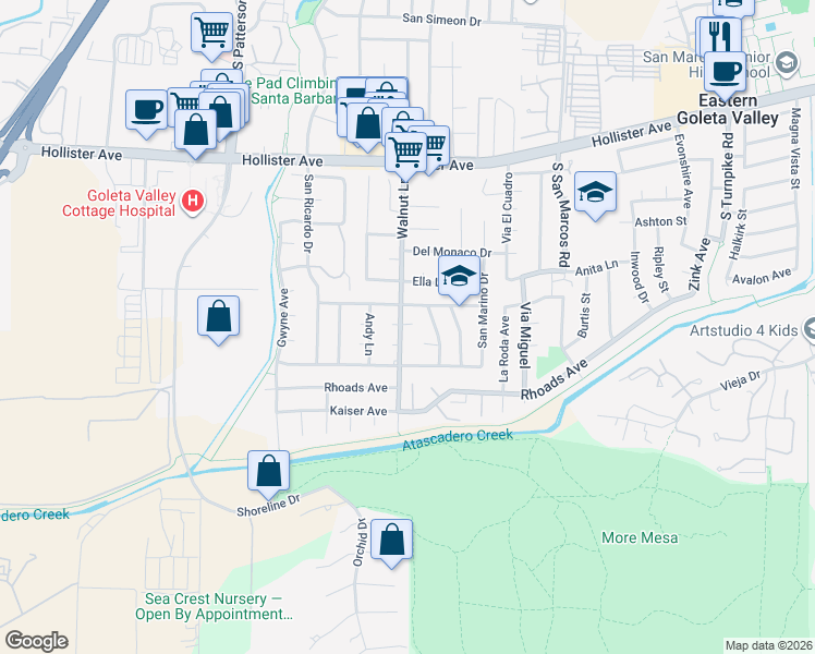 map of restaurants, bars, coffee shops, grocery stores, and more near 682 Walnut Lane in Santa Barbara