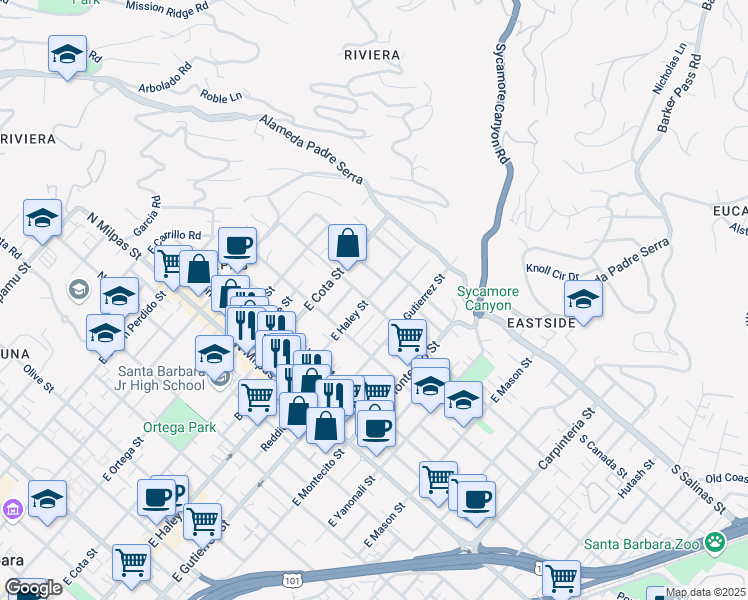 map of restaurants, bars, coffee shops, grocery stores, and more near 1202 East Haley Street in Santa Barbara