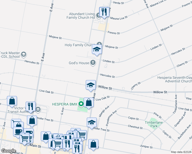 map of restaurants, bars, coffee shops, grocery stores, and more near 17545 Hercules Street in Hesperia