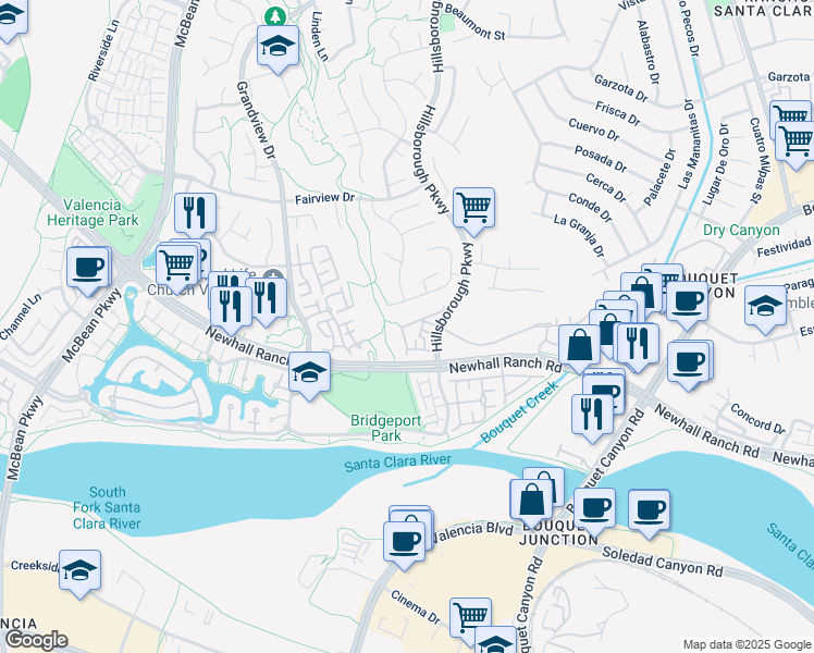 map of restaurants, bars, coffee shops, grocery stores, and more near 26961 Hillsborough Parkway in Santa Clarita