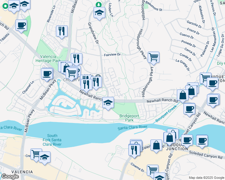 map of restaurants, bars, coffee shops, grocery stores, and more near 27032 North Wolf Creek Trail in Santa Clarita