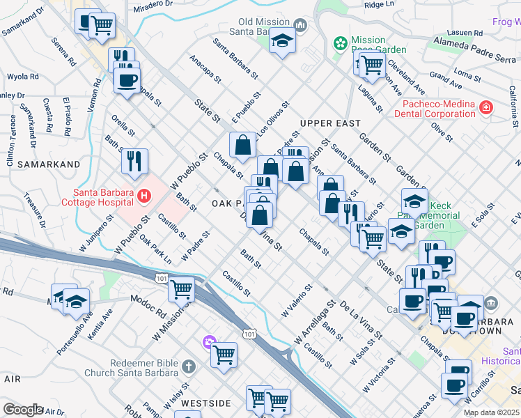 map of restaurants, bars, coffee shops, grocery stores, and more near 114 West Mission Street in Santa Barbara