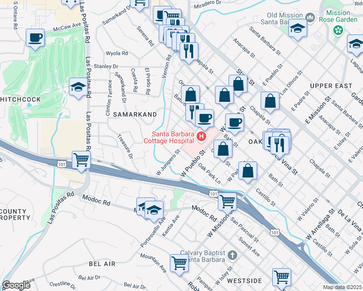 map of restaurants, bars, coffee shops, grocery stores, and more near 512A West Junipero Street in Santa Barbara