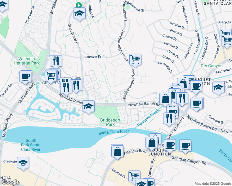 map of restaurants, bars, coffee shops, grocery stores, and more near 26961 Hillsborough Parkway in Santa Clarita