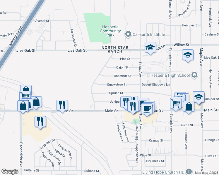 map of restaurants, bars, coffee shops, grocery stores, and more near 13895 Smoketree Street in Hesperia