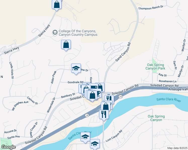 map of restaurants, bars, coffee shops, grocery stores, and more near 16500 Sierra Hill Street in Santa Clarita