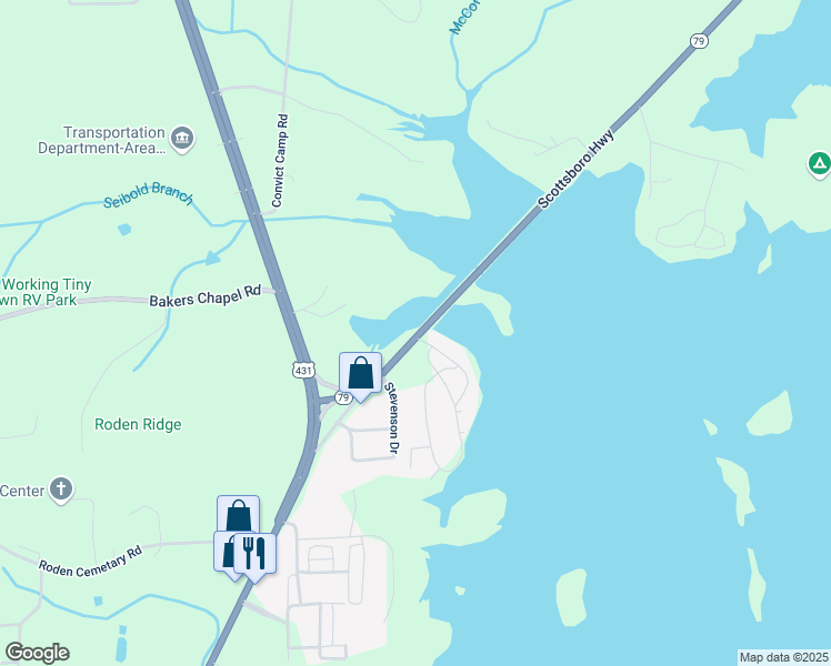 map of restaurants, bars, coffee shops, grocery stores, and more near 48 Riverbend Circle in Guntersville