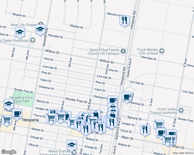map of restaurants, bars, coffee shops, grocery stores, and more near 16417 Live Oak Street in Hesperia