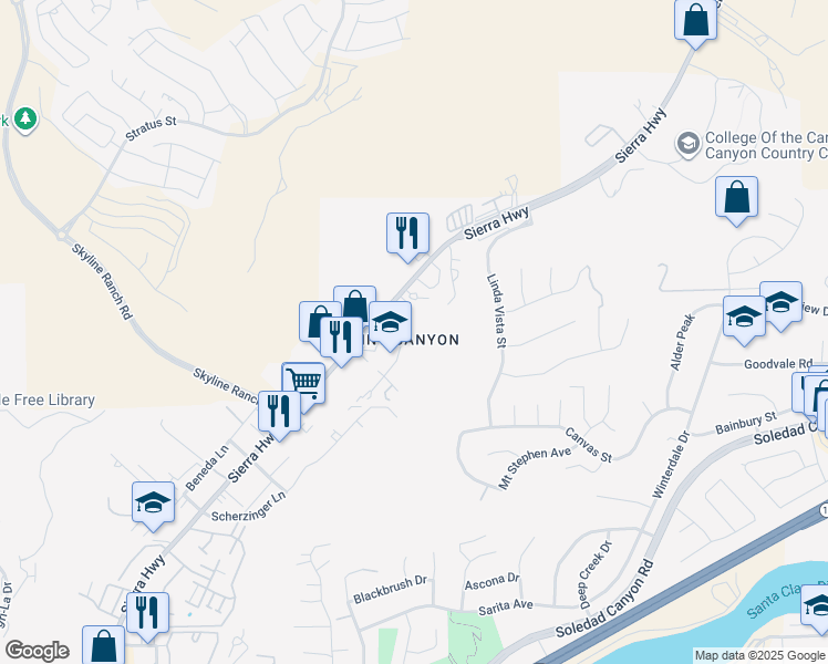 map of restaurants, bars, coffee shops, grocery stores, and more near 17610 Scherzinger Lane in Santa Clarita