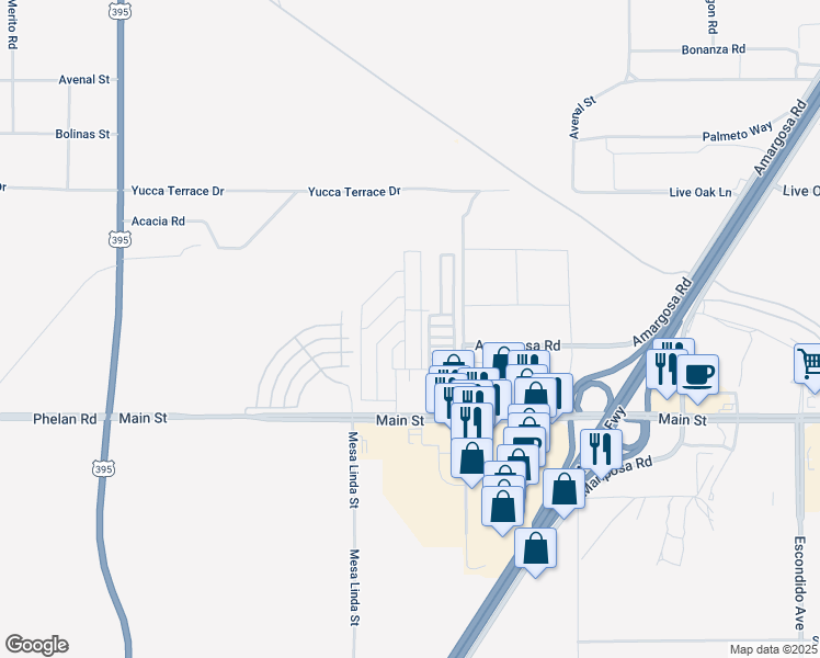 map of restaurants, bars, coffee shops, grocery stores, and more near 12550 Main Street in Hesperia