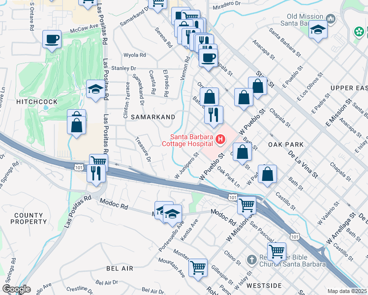 map of restaurants, bars, coffee shops, grocery stores, and more near 515 West Alamar Avenue in Santa Barbara