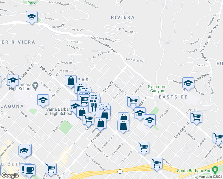 map of restaurants, bars, coffee shops, grocery stores, and more near 1119 Waldron Avenue in Santa Barbara
