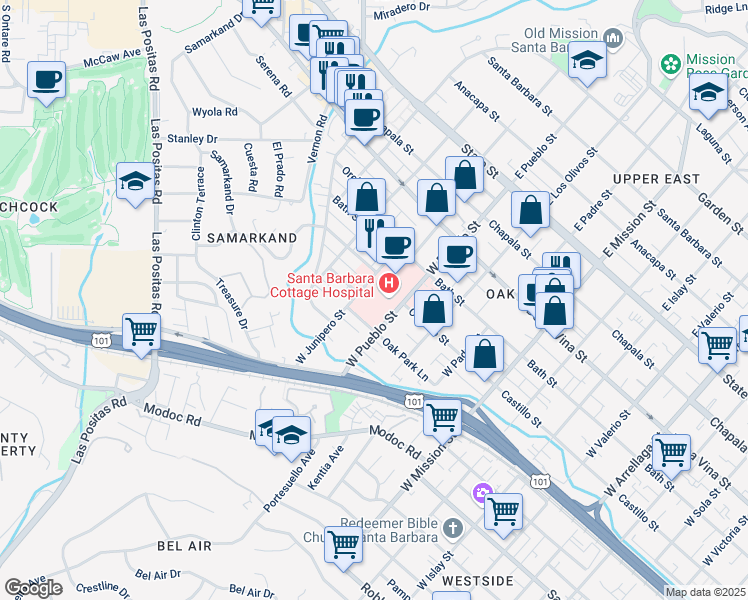 map of restaurants, bars, coffee shops, grocery stores, and more near 400 West Pueblo Street in Santa Barbara