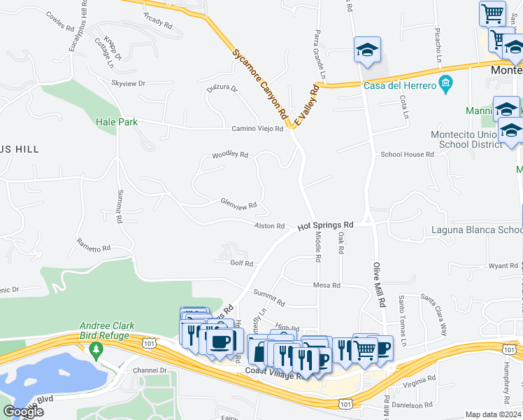map of restaurants, bars, coffee shops, grocery stores, and more near 1149 Glenview Road in Montecito