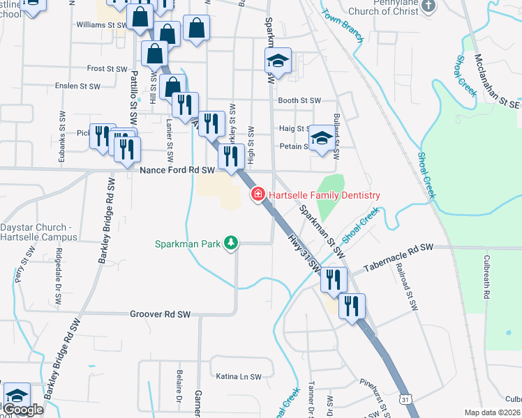 map of restaurants, bars, coffee shops, grocery stores, and more near 1549 South 2nd Avenue in Hartselle