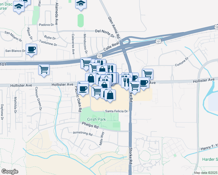 map of restaurants, bars, coffee shops, grocery stores, and more near 7040 Market Place Drive in Goleta