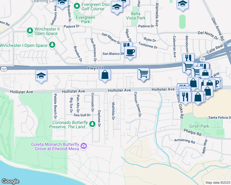 map of restaurants, bars, coffee shops, grocery stores, and more near 224 Ellwood Beach Drive in Goleta