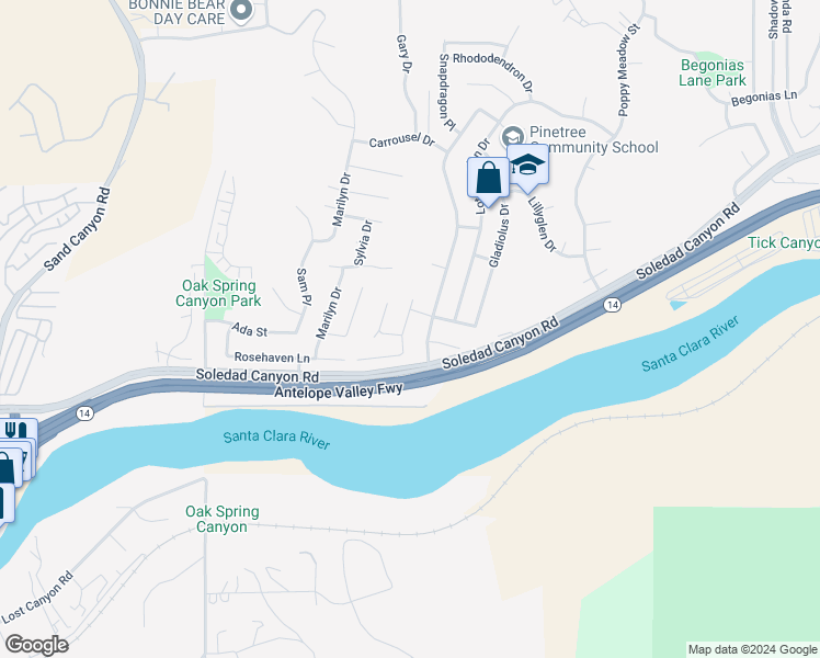 map of restaurants, bars, coffee shops, grocery stores, and more near 28832 Bougainvillea Way in Santa Clarita