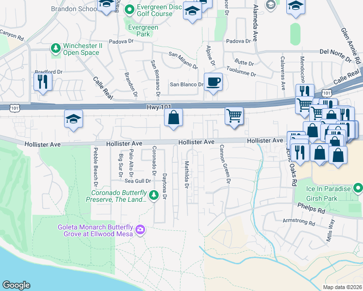 map of restaurants, bars, coffee shops, grocery stores, and more near 7465 Hollister Avenue in Goleta