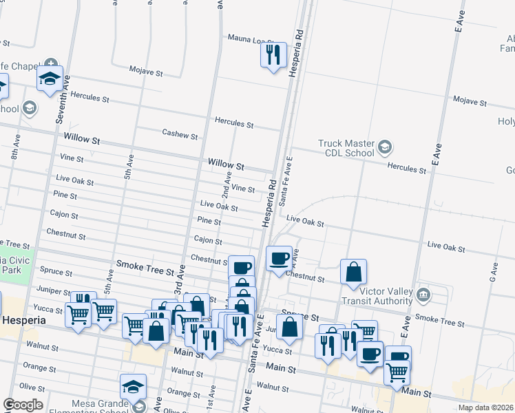 map of restaurants, bars, coffee shops, grocery stores, and more near 16572 Live Oak Street in Hesperia
