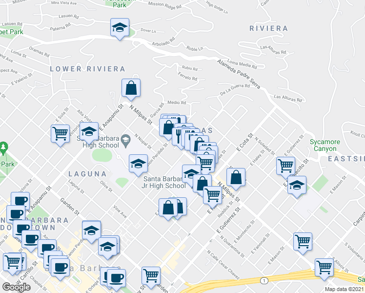 map of restaurants, bars, coffee shops, grocery stores, and more near 810 North Milpas Street in Santa Barbara