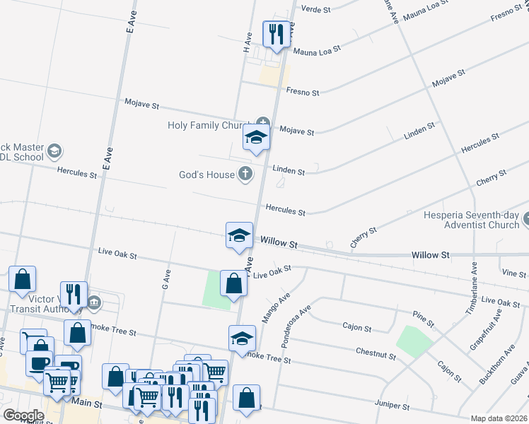 map of restaurants, bars, coffee shops, grocery stores, and more near 17545 Hercules Street in Hesperia