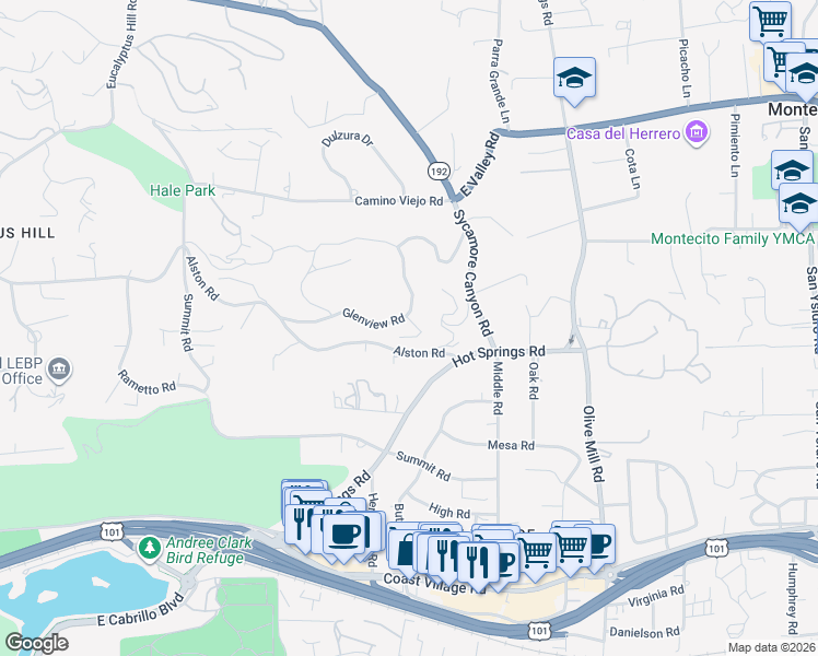 map of restaurants, bars, coffee shops, grocery stores, and more near 1149 Glenview Road in Montecito