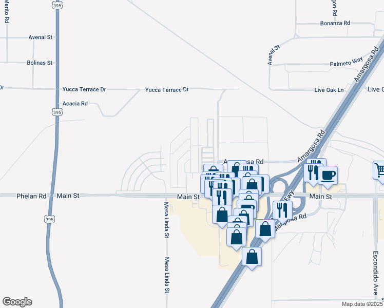 map of restaurants, bars, coffee shops, grocery stores, and more near 12550 Main Street in Hesperia