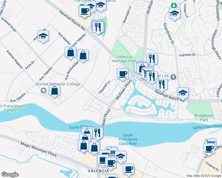 map of restaurants, bars, coffee shops, grocery stores, and more near 27058 Clarence Court in Santa Clarita
