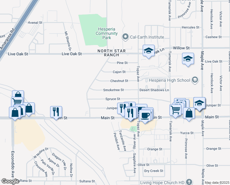 map of restaurants, bars, coffee shops, grocery stores, and more near 13945 Smoketree Street in Hesperia