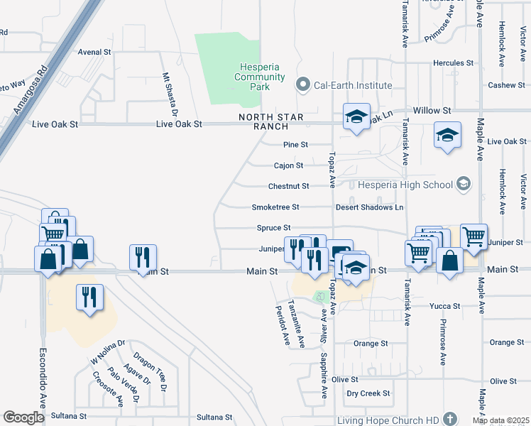 map of restaurants, bars, coffee shops, grocery stores, and more near 13895 Smoketree Street in Hesperia