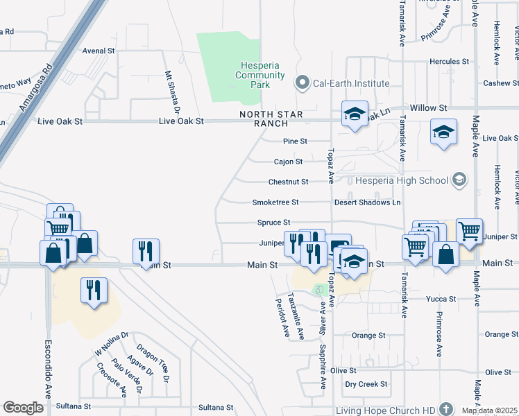 map of restaurants, bars, coffee shops, grocery stores, and more near 13895 Smoketree Street in Hesperia