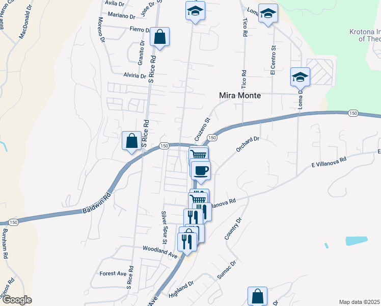 map of restaurants, bars, coffee shops, grocery stores, and more near 13 Don Antonio Way in Ojai