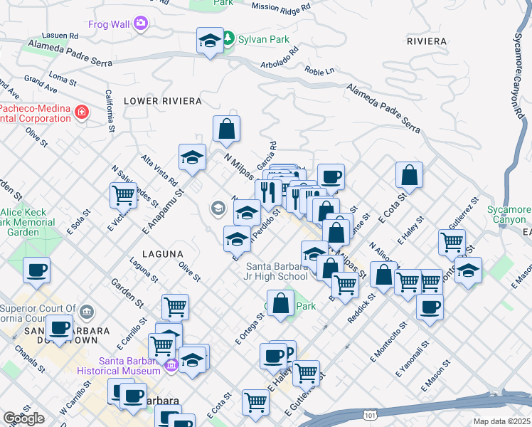map of restaurants, bars, coffee shops, grocery stores, and more near 815 East Canon Perdido Street in Santa Barbara