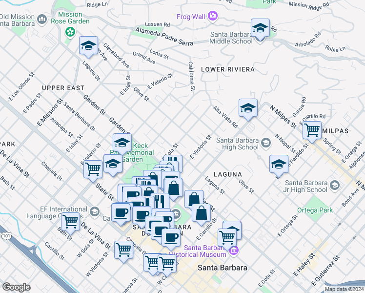 map of restaurants, bars, coffee shops, grocery stores, and more near 1323 Olive Street in Santa Barbara