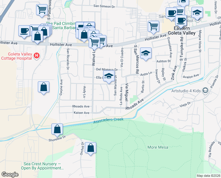 map of restaurants, bars, coffee shops, grocery stores, and more near 5063 San Lorenzo Drive in Santa Barbara