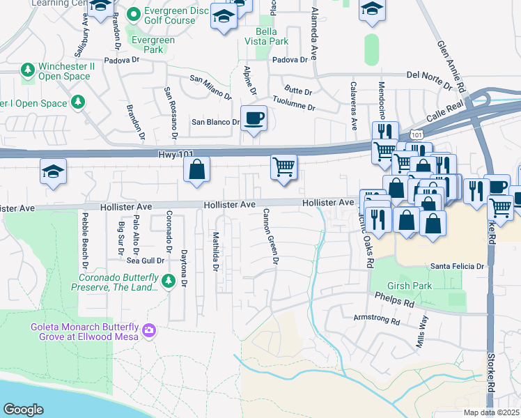map of restaurants, bars, coffee shops, grocery stores, and more near 7388 Chapman Place in Goleta