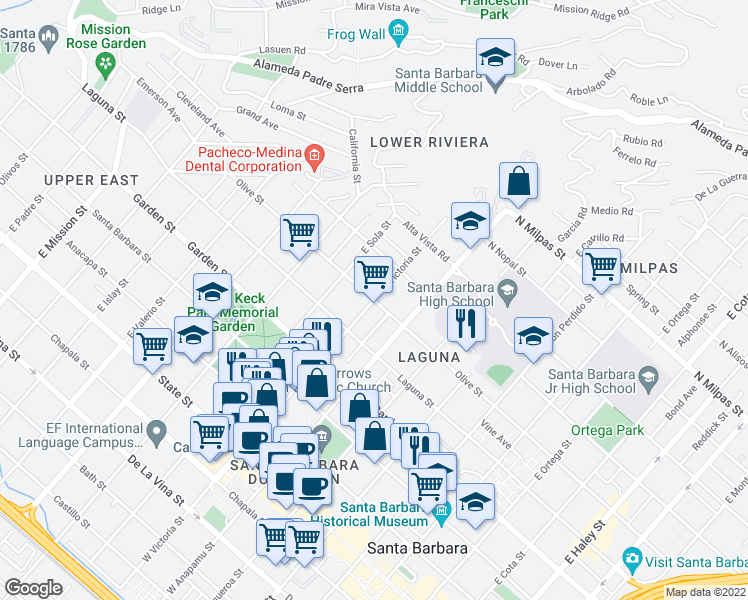 map of restaurants, bars, coffee shops, grocery stores, and more near Olive Street & East Victoria Street in Santa Barbara
