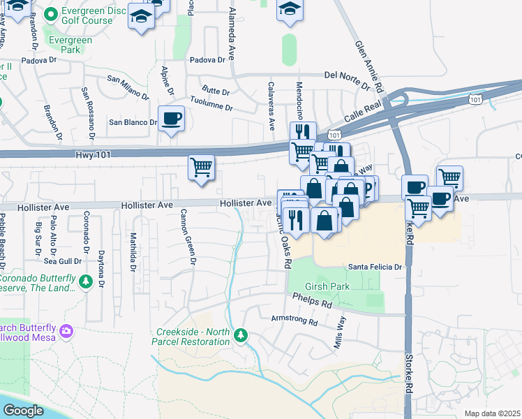 map of restaurants, bars, coffee shops, grocery stores, and more near 215 Pacific Oaks Road in Goleta