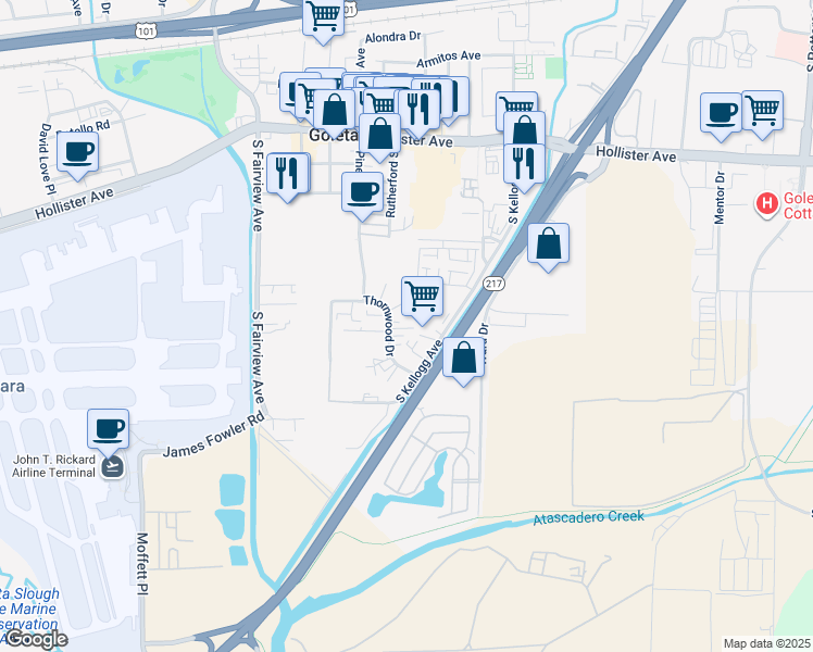 map of restaurants, bars, coffee shops, grocery stores, and more near 5738 Thornwood Drive in Goleta