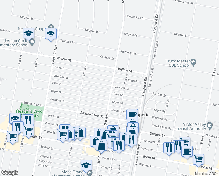 map of restaurants, bars, coffee shops, grocery stores, and more near 16391 Live Oak Street in Hesperia
