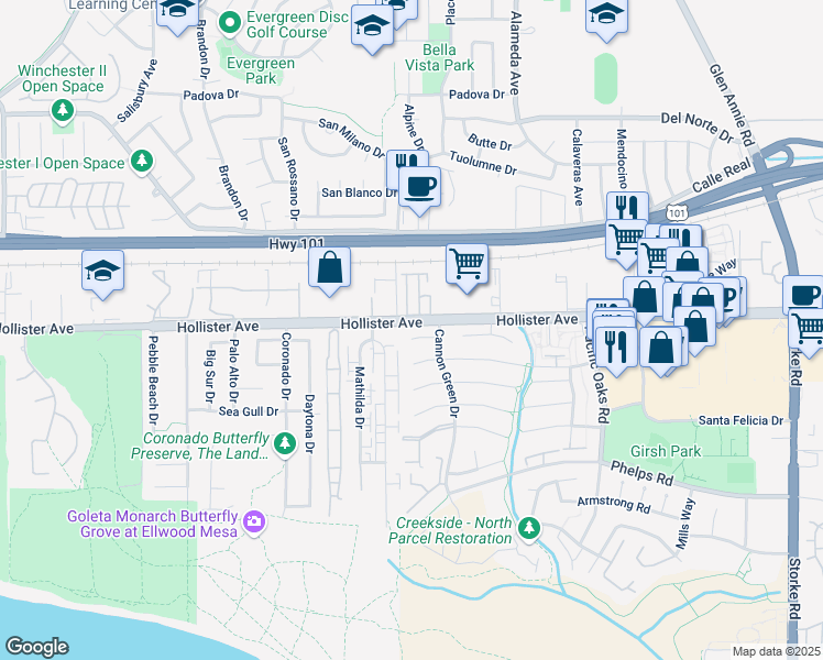 map of restaurants, bars, coffee shops, grocery stores, and more near 7388 Chapman Place in Goleta