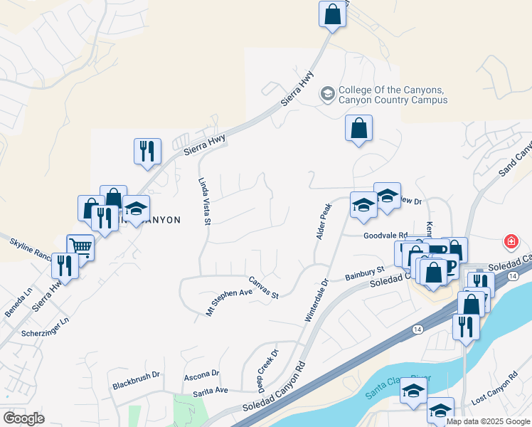 map of restaurants, bars, coffee shops, grocery stores, and more near 28521 Meadow Heights Court in Santa Clarita
