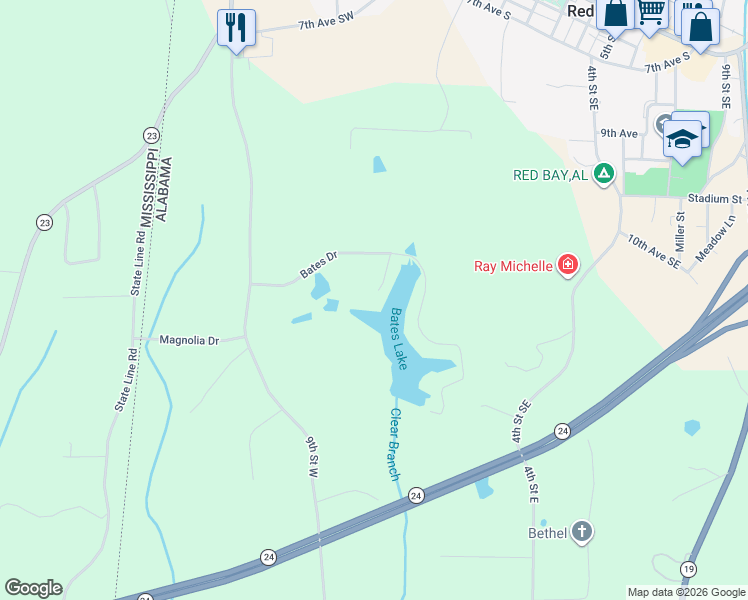 map of restaurants, bars, coffee shops, grocery stores, and more near 199 Jackson Lane in Red Bay